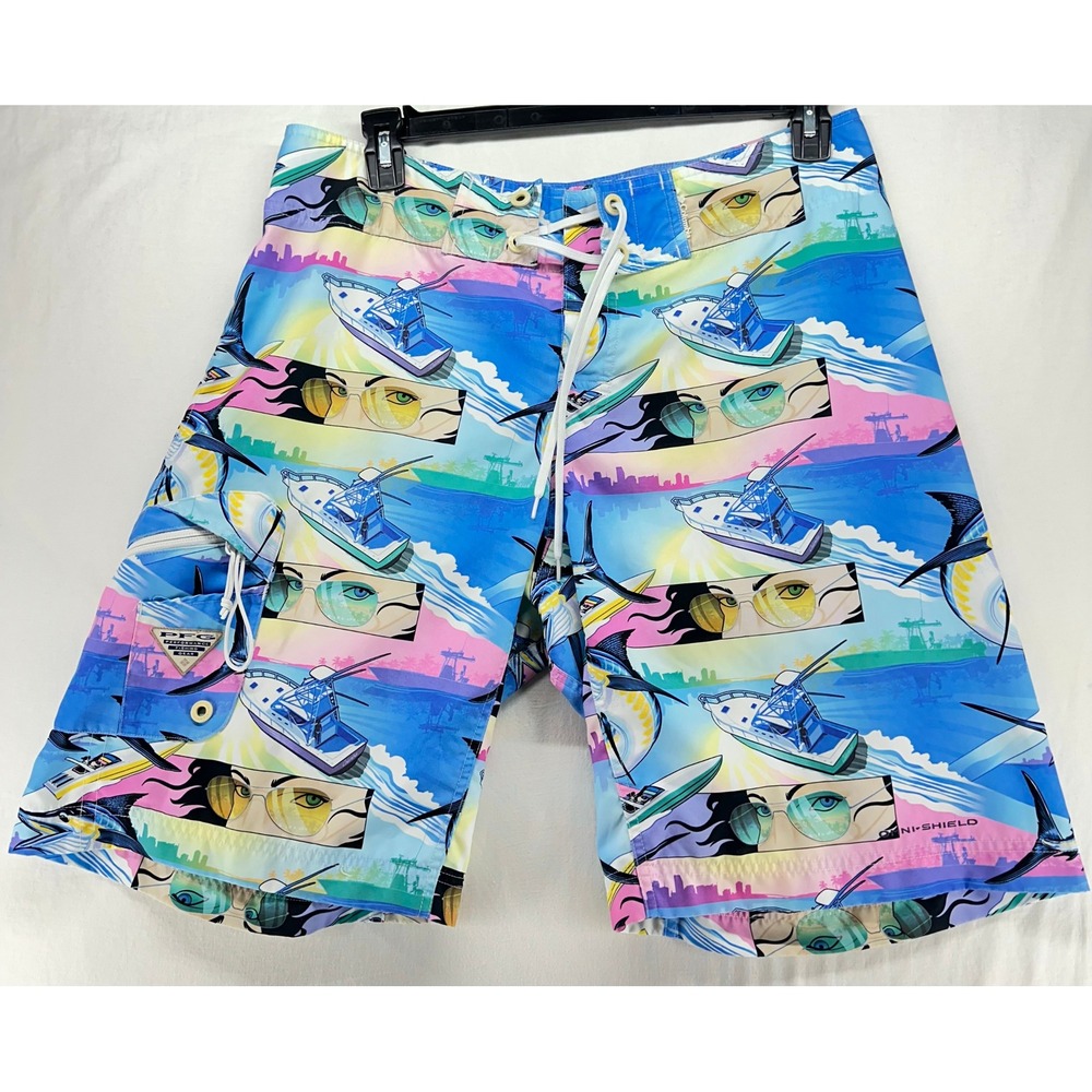 Columbia PFG Mens 34 Board Shorts Blue Graphic Fishing Boat Marlin FM4537